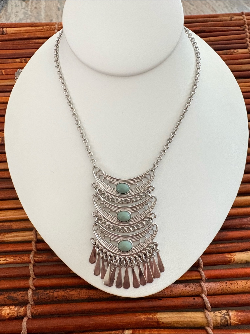 Lia Sophia Silver-Tone Layered Fringe Necklace with Pale Mint Stones 30”-33”